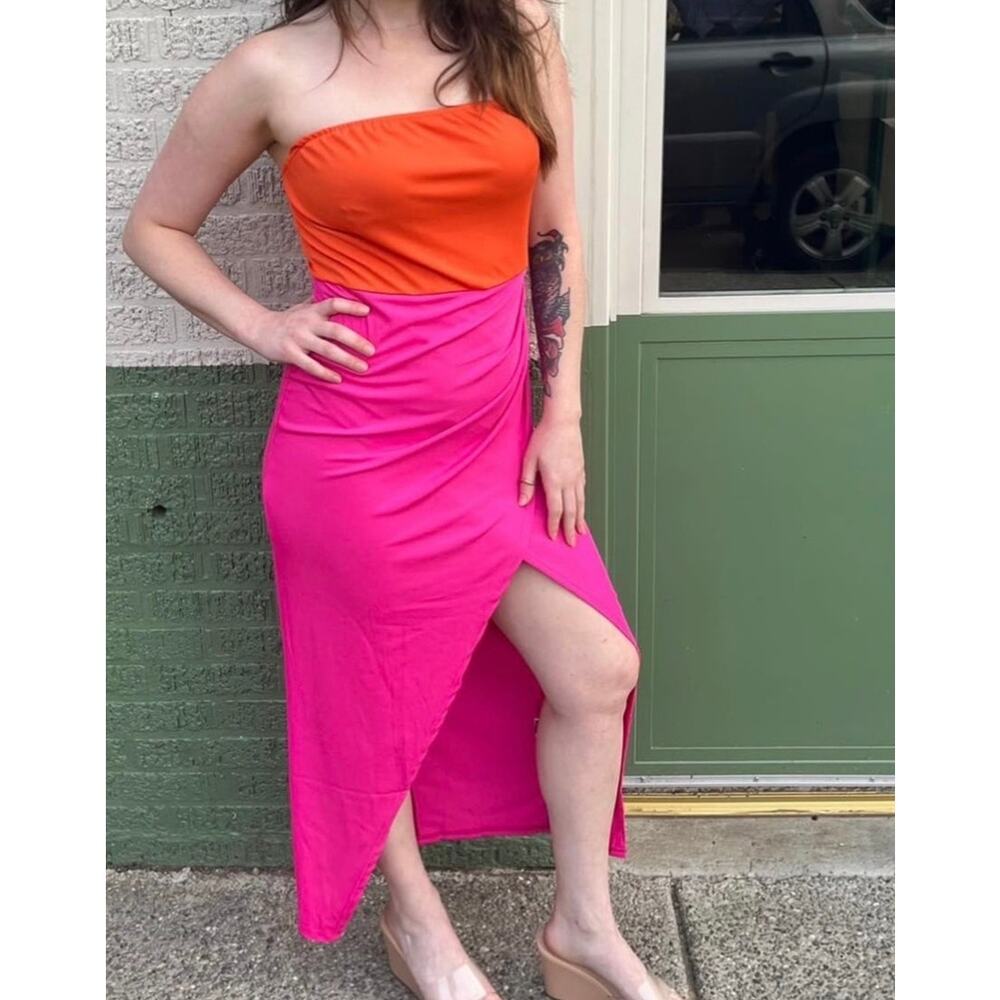 Pink and Orange Midi Tube Dress Vibrant Stylish Night Out Flattering Curvy - Picture 8 of 8